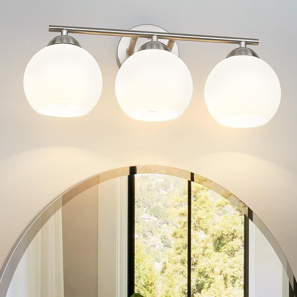 Emak Brushed Nickel Vanity Lights, 3-Light Bathroom Light Fixtures, Globe Vanity Light with Milk Glass Shade, VL114-BN-ML-3