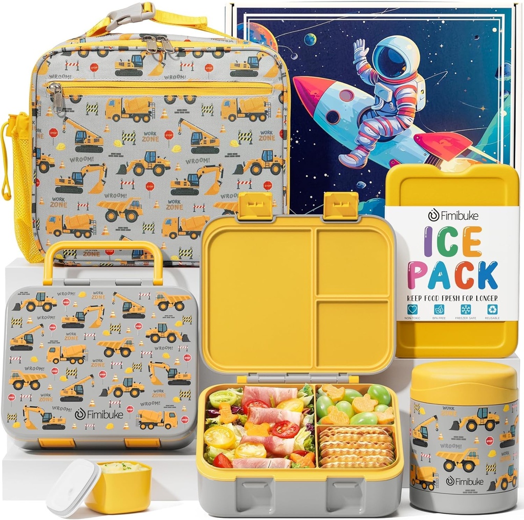 Fimibuke Bento Lunch Box for Kids with Thermos, 3-Compartment 32OZ Snack Lunch Container, Lunch Bag, 12OZ Insulated Food Jar & Ice Pack Set for Age 3-12 School Daycare Toddler Teen Girls Boys, Trucks
