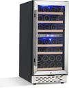 15 icnh Wine Cooler Refrigerator - 28 Bottle, Double-Layer Glass Door, Temperature Stable System, Digital Temperature Control, Single Area Dual Temperature, Built-in or Freestanding，with Lock