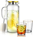 2 Liter 68 oz Glass Pitcher with Lid and Spout, 2 Cups with Gold Rim Summer Glass Jug Jar for Hot Cold Water Large Iced Tea Pitcher for Coffee Juice Homemade Beverage and Refrigerator
