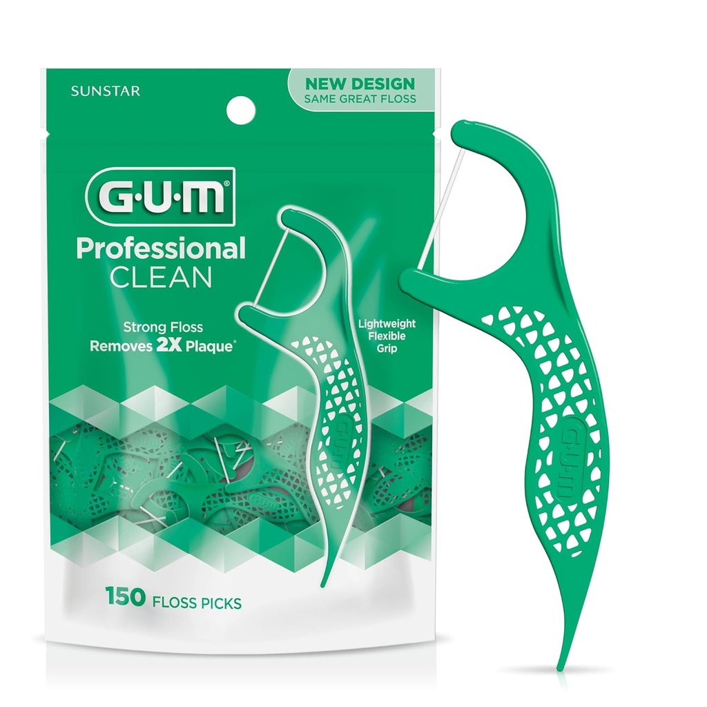GUM Professional Clean Floss Picks - Extra Strong Shred-Resistant Floss, Easy Grip Handle - Dental Flossers for Adults - Fresh Mint Flavor, 150 Count