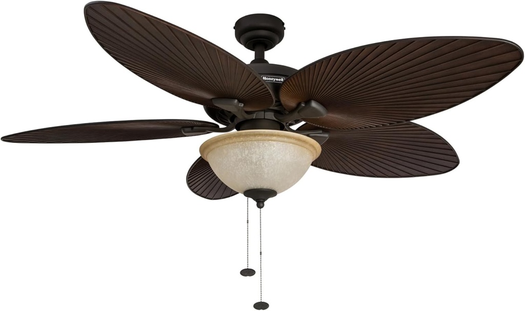 Honeywell Ceiling Fans Palm Island 52 Inch Ceiling Fan With Light, Indoor/Outdoor Ceiling Fan with Pull Chain, Tropical LED Dual-Mount 5 Palm Leaf Blade Design, ETL Damp Rated, Bronze (50202-01)
