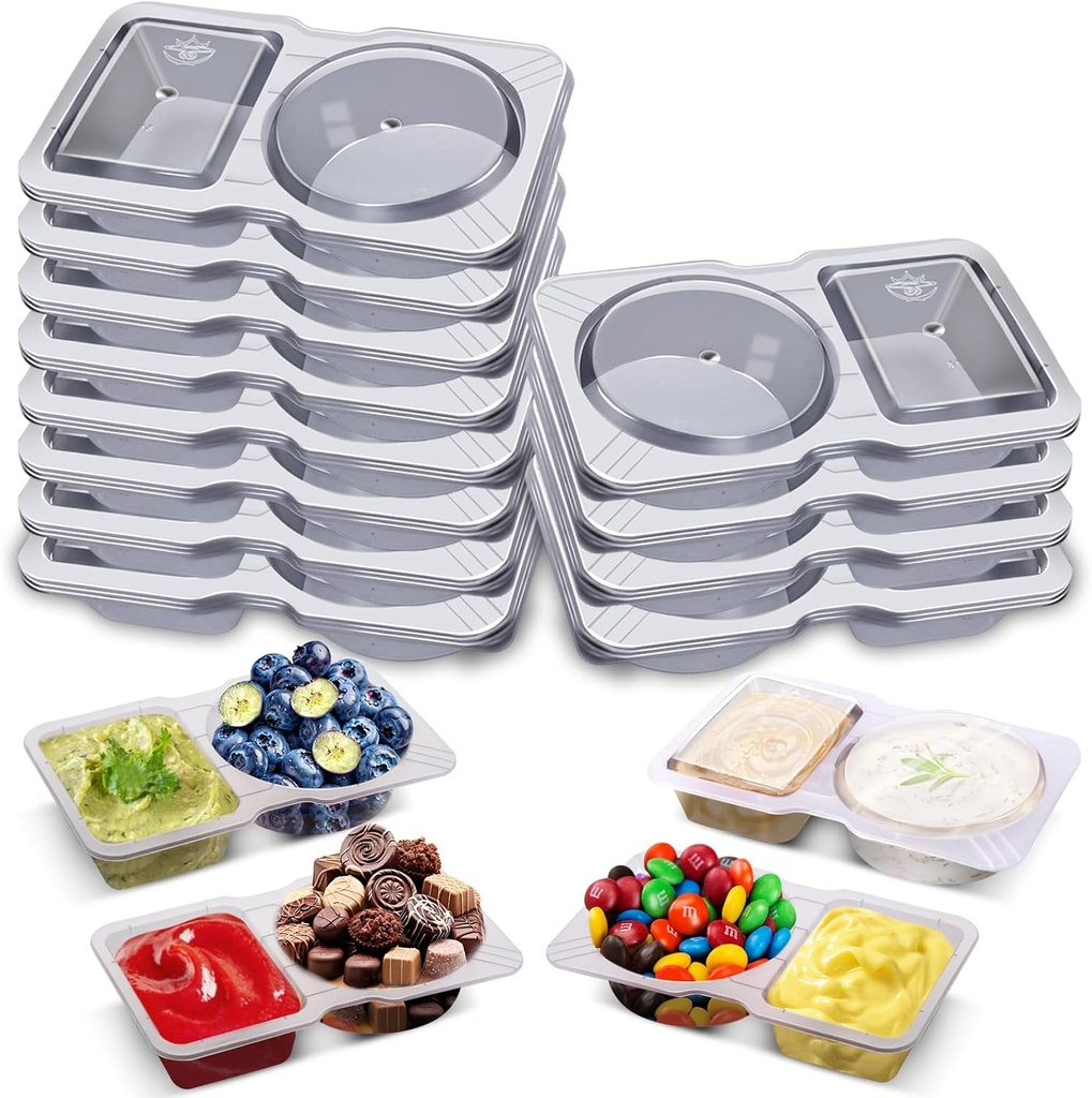 12 Sets Leakproof Dual Compartment Condiment Container with Lid, Reusable Sauce Containers, Dishwasher Safe, Small Organizer Box for Dipping Sauce, Salad Dressing, Lunch Box & On-the-Go