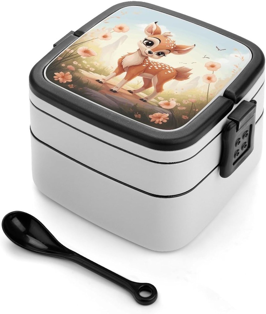 Adult Double-Layer Bento Box Lovely Deer Portable Lunch Box with Spoon And Invisible Handle Leakproof Microwave-Safe Food Container for Work Travel Camping