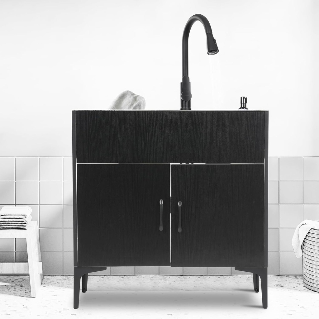 Kitchen Sink Cabinet, Laundry Sink With Cabinet, Stainless Steel Utility Sink And Cabinet Combo, Free Standing Bathroom Sinks w/Pull-Out Faucet, Hand Washing Station for Home, Laundry Room (Black)