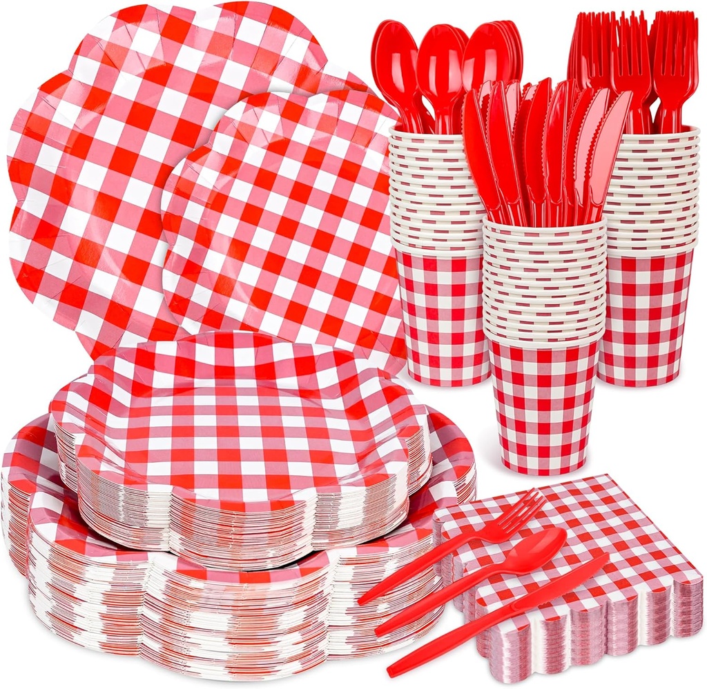 400 Pcs Gingham Party Supplies for 50 Guests Christmas Scalloped Paper Plates and Napkins Knives Spoons Forks Cups Disposable Red and White Checkered Dinner Party Set for Baby Shower, Wedding