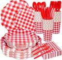400 Pcs Gingham Party Supplies for 50 Guests Christmas Scalloped Paper Plates and Napkins Knives Spoons Forks Cups Disposable Red and White Checkered Dinner Party Set for Baby Shower, Wedding