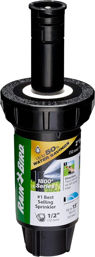 Rain Bird 1802HDSPRS Pressure Regulating (PRS) Professional Dual Spray Pop-Up Sprinkler, 180° Half Circle Pattern, 8' - 15' Spray Distance, 2" Pop-up Height