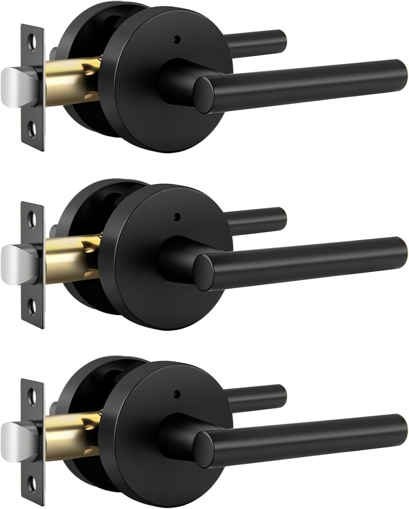 goldenwarm Black Door Handle Interior, Zinc Alloy Heavy Duty Matte Black Interior Door Handles for Bedroom Bathroom, Modern Round Privacy Door Levers (3 Pack)