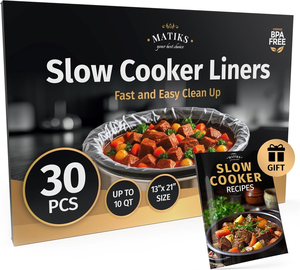 30 Pack Slow Cooker Liners – Large 13” x 21” BPA-Free Crock Pot Bags – Fits 3–10 Quart Round & Oval Cookers – Disposable Crock Pot Liners for Effortless Home Cooking & Fast Clean Up, Bonus Recipe Book