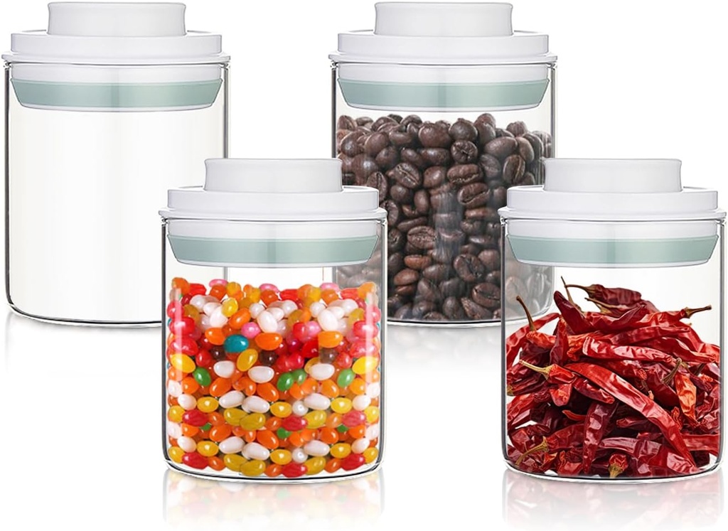 Glass jars with Airtight Lid- 4 Pcs(0.43qt / 14oz)，Clear Round Glass Food Storage Containers，Storage for Milk Powder Coffee Candy Noodles Nuts Snack Fruit