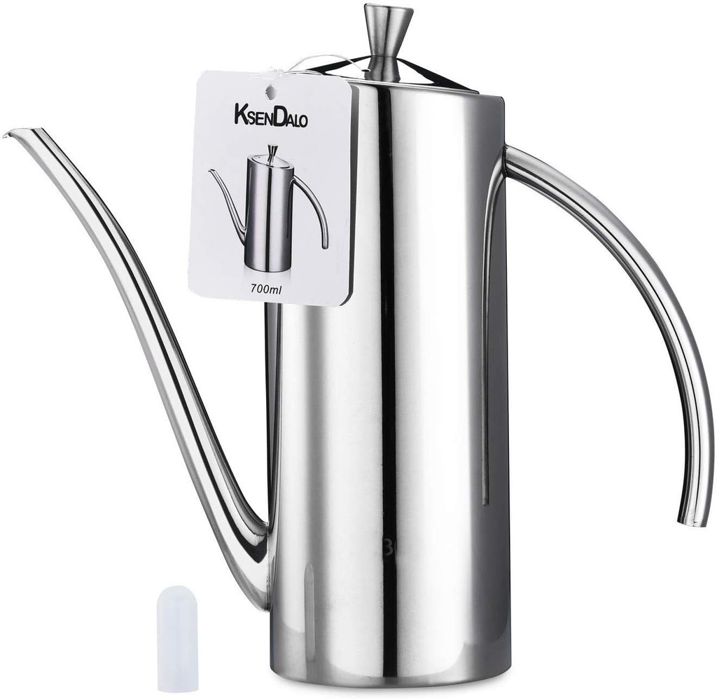 KSENDALO Premium Stainless Steel Olive Oil Dispenser & Kitchen Cruet (24oz/700mL) - Leakproof Oil Bottle with Ergonomic ONE-Piece Design Body and Long Nallow Spout for Precision Pouring- Arc Handle