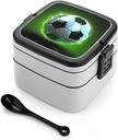 Adult Double-Layer Bento Box Portable Cool Soccer Ball Lunchbox 1 L Capacity Leak-Proof Bento Box Microwave-Safe Food Container with Spoon And Hidden Handle