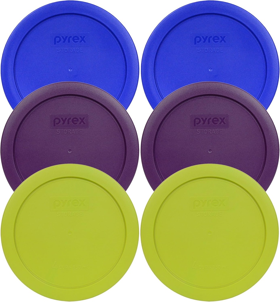 Pyrex 7201-PC 4 Cup (2) Cadet Blue, (2) Purple, & (2) Edamame Green BPA-Free Plastic Lids, Made in USA