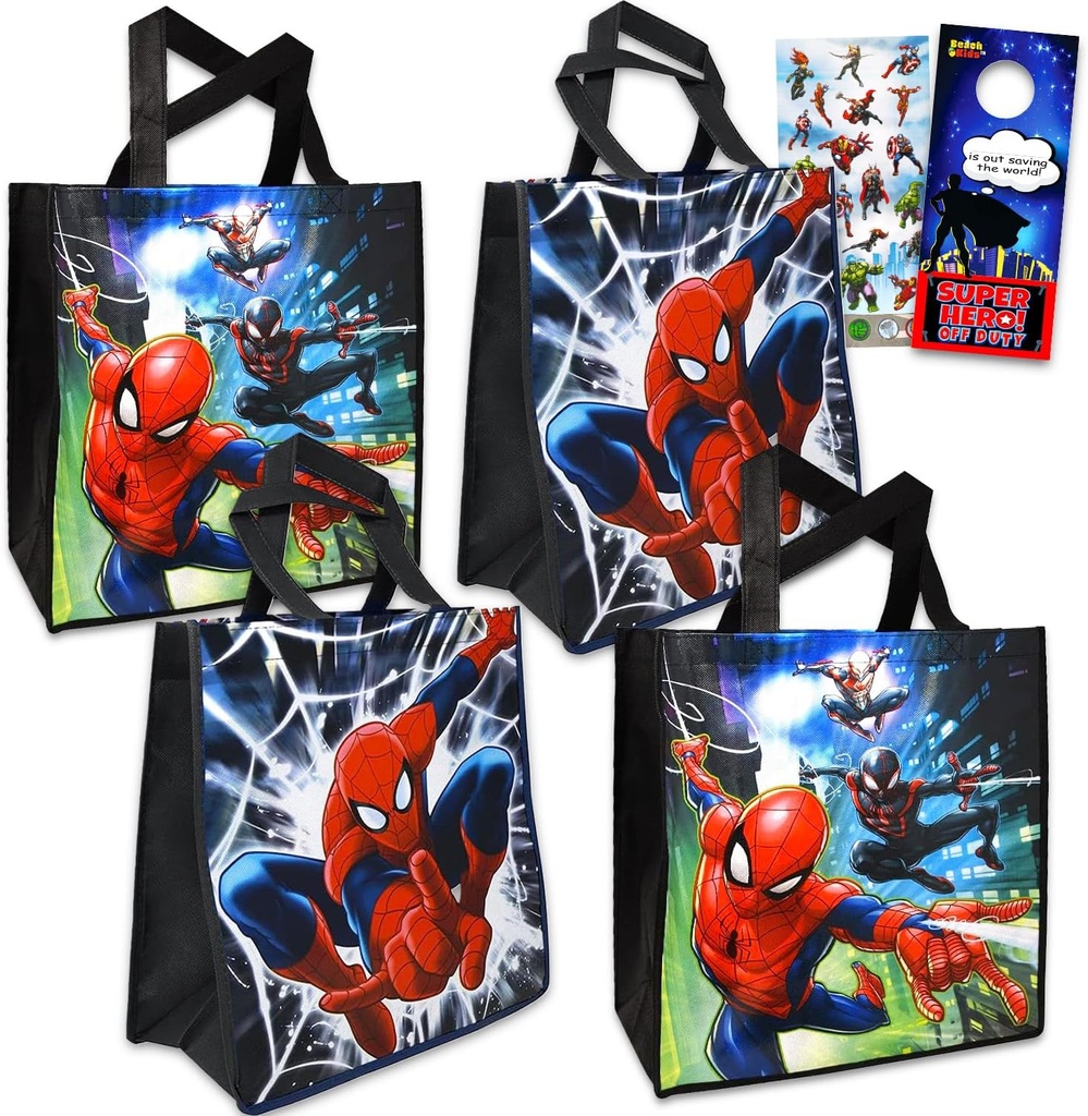 Marvel Spiderman Tote Bag Set for Kids, Adults ~ 6 Pc Bundle with 4 Large Superhero Reusable Grocery Bags, Avengers Stickers, and More | Spiderman Party Supplies and Favors