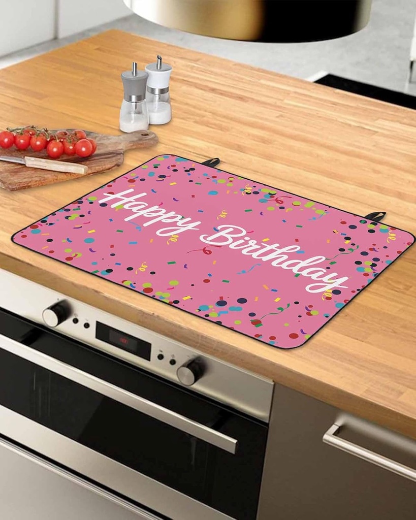 Happy Birthday Countertop Burners Protection Mats for Kitchen, Birthday Ribbon Polka Dot Pink Rubber Stove Top Cover Mat, Heat Proof Mats Cooktop Cover for Counter Dish Drying Mat, 31"x24"