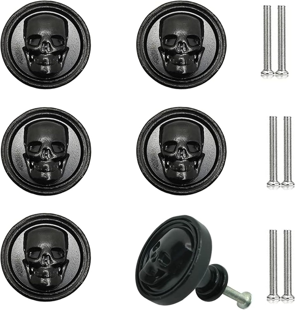 JfwuHap 6Pcs Cabinet Handles, Skull Head Cabinet Pulls, Drawer Handles, Black Skeleton Drawer Knobs, Solid Metal Base Furniture Handle, Single Hole Pull for Home Cabinets Dressers Drawers Cupboard, D