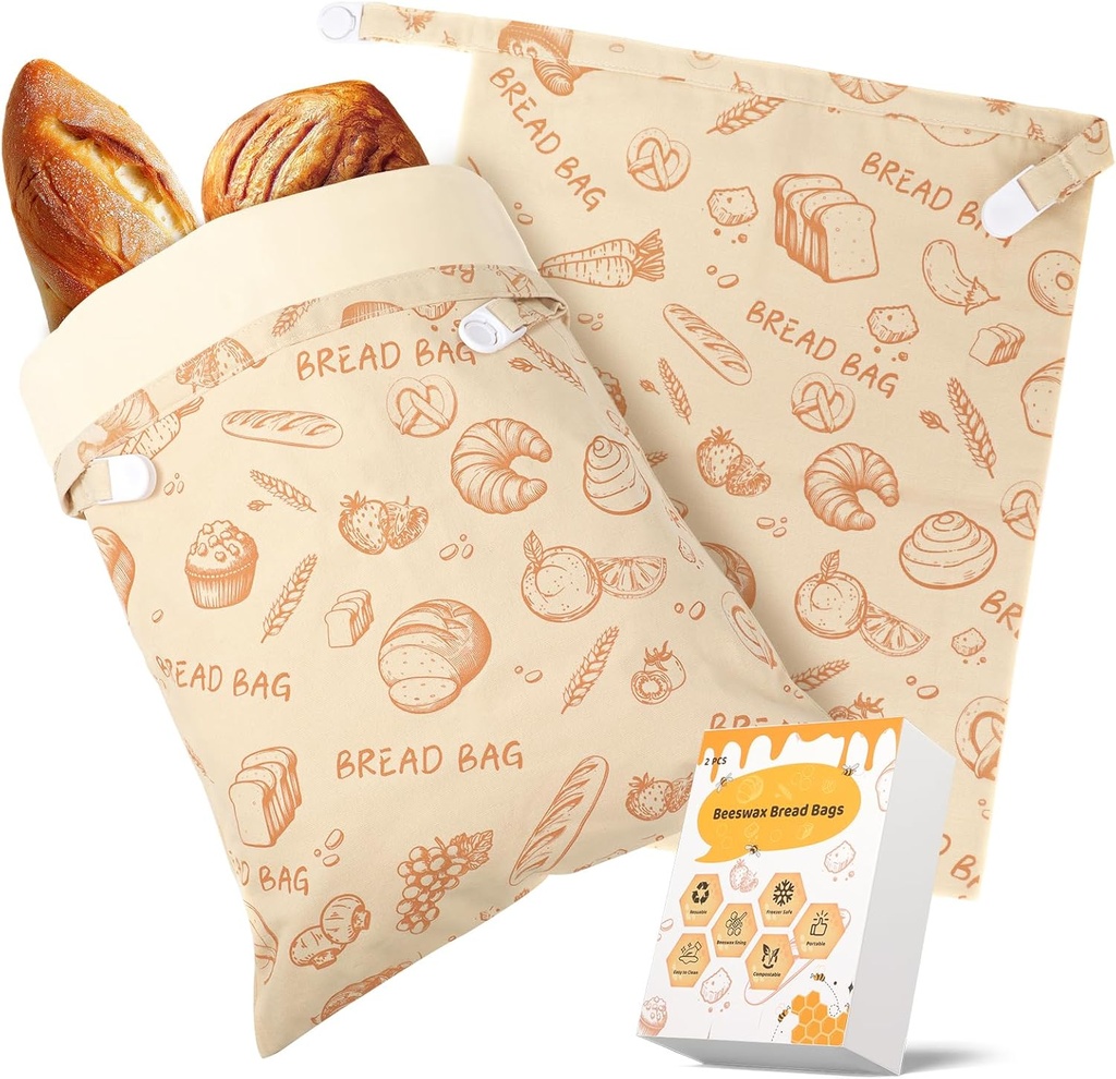 Sourdough bread Bags for Homemade Bread-2 Pack XL Reusable Beeswax Bread Bags for Homemade Bread Freezer & Refrigerator 17"×13" Natural Beeswax-Lined Organic Cotton Food Storage Bags to Keep Fresh