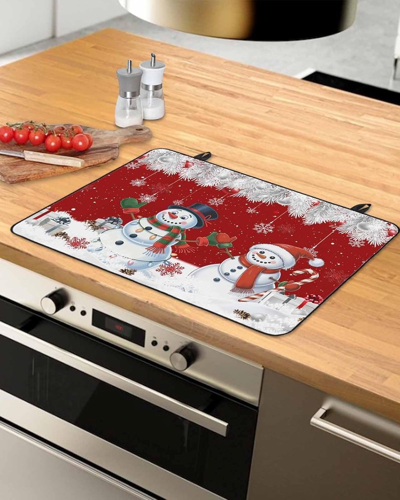Christmas Countertop Burners Protection Mats for Kitchen, Snowman Gifts Candy Winter Snowflakes Red Rubber Stove Top Cover Mat, Heat Proof Mats Cooktop Cover for Counter Dish Drying Mat, 31"x24"