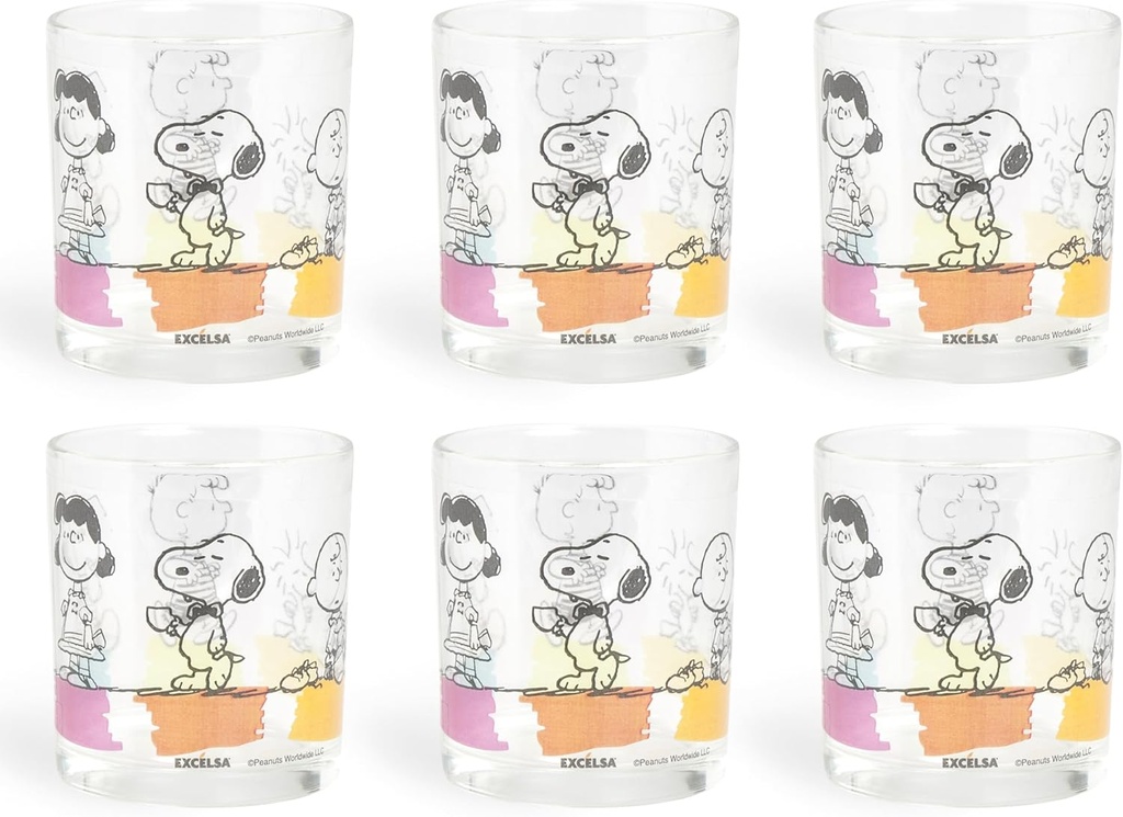 Excelsa Peanuts Set of 6 Water Glasses, Capacity 250 ml, Glass, Peanuts Decoration