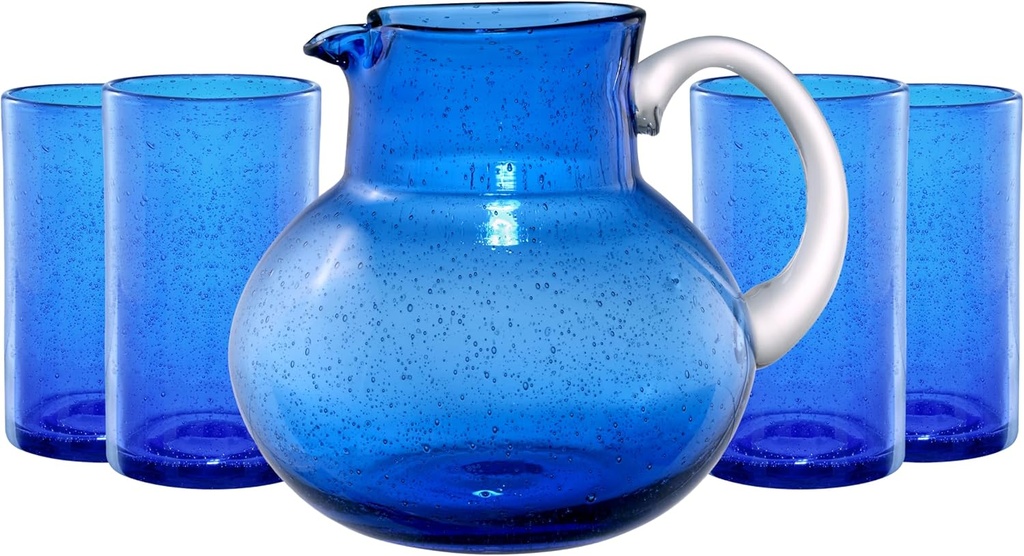 ARTLAND Iris 90oz Glass Pitcher & 17oz Highball Cup (Set of 4) - Handcrafted Drinkware, Unique Bubble Design Lead-Free Glass for Serving Beverages, Home Dining, Entertaining Essentials (Cobalt Blue)