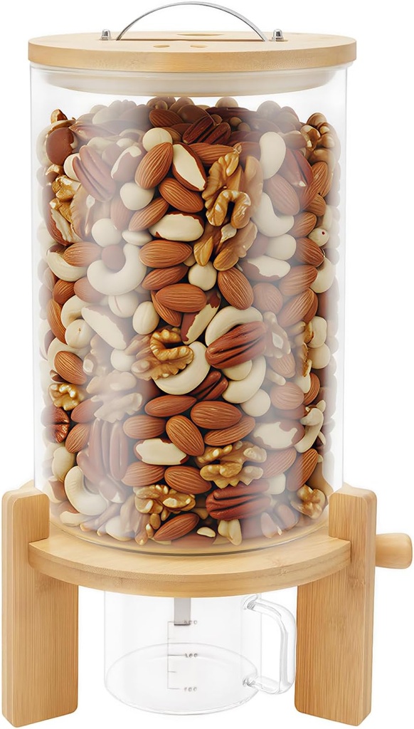 Flour and Cereal Container Rice Dispenser, Cereal Dry Food Dispenser Grain Storage Container, 7.5L Big Capacity Rice Dispenser with Airtight Lid, Wooden Stand&Measuring Cup for Organization