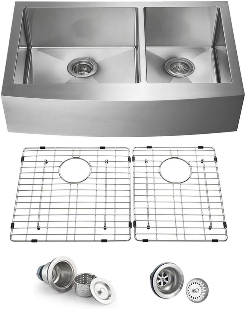 KIBI 36 Inch Double Bowl Farmhouse Kitchen Workstation Sink | Durable Stainless Steel Apron Front Sink with 10" Deep Bowls, Bottom Grid, Strainer, and 3.5" Drain Opening (K1-DF36)