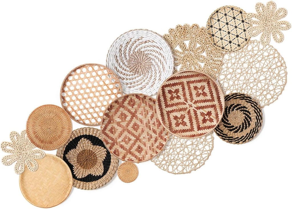 FillTouch Set of 15 Wall Basket Decor Boho Wicker Handmade Farmhouse Rustic Wall Decoration Woven Hanging Basket Decor for Bathroom Bedroom Living Room