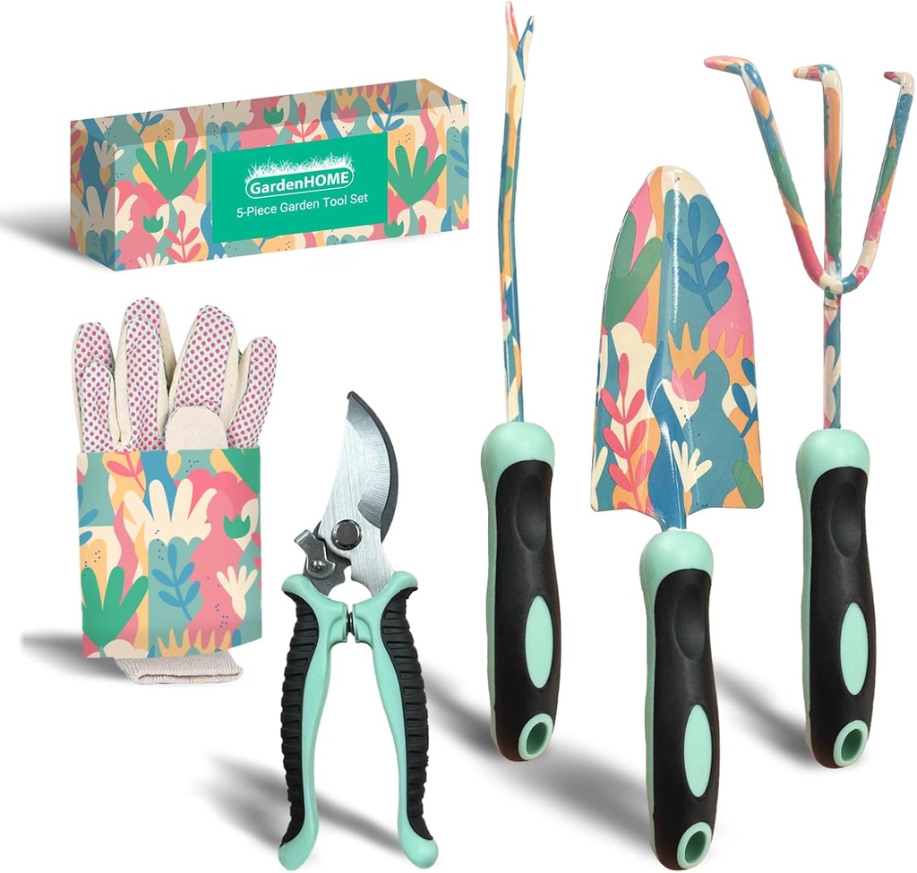 GardenHOME 5-Piece Gardening Tool Set, Durable Floral Garden Tools with Ergonomic Handles and Accessories – Gift Set for Women, Beginners, and Garden Lovers – Ideal for Spring and Summer Gardening