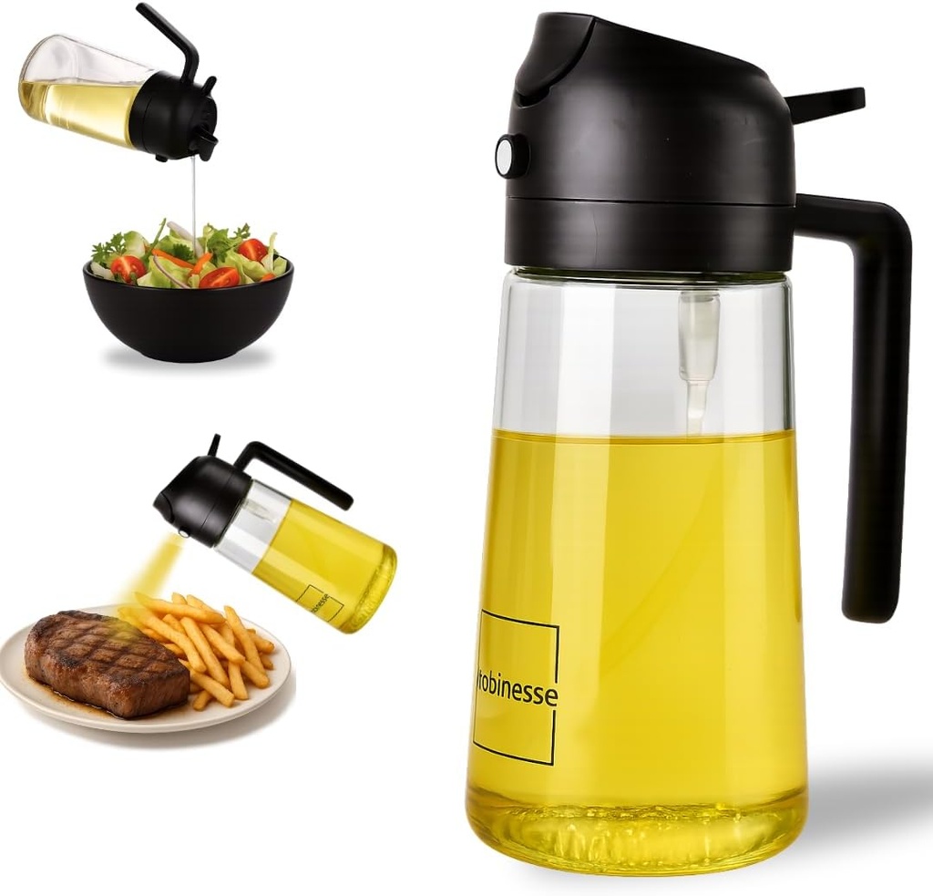 2 in 1 Oil Dispenser and Oil Sprayer for Cooking, 16oz/470ml Glass Olive Oil Dispenser Bottle Kitchen Gadget & Air Fryer Accessories for Salad, BBQ, Frying and Baking (Black)