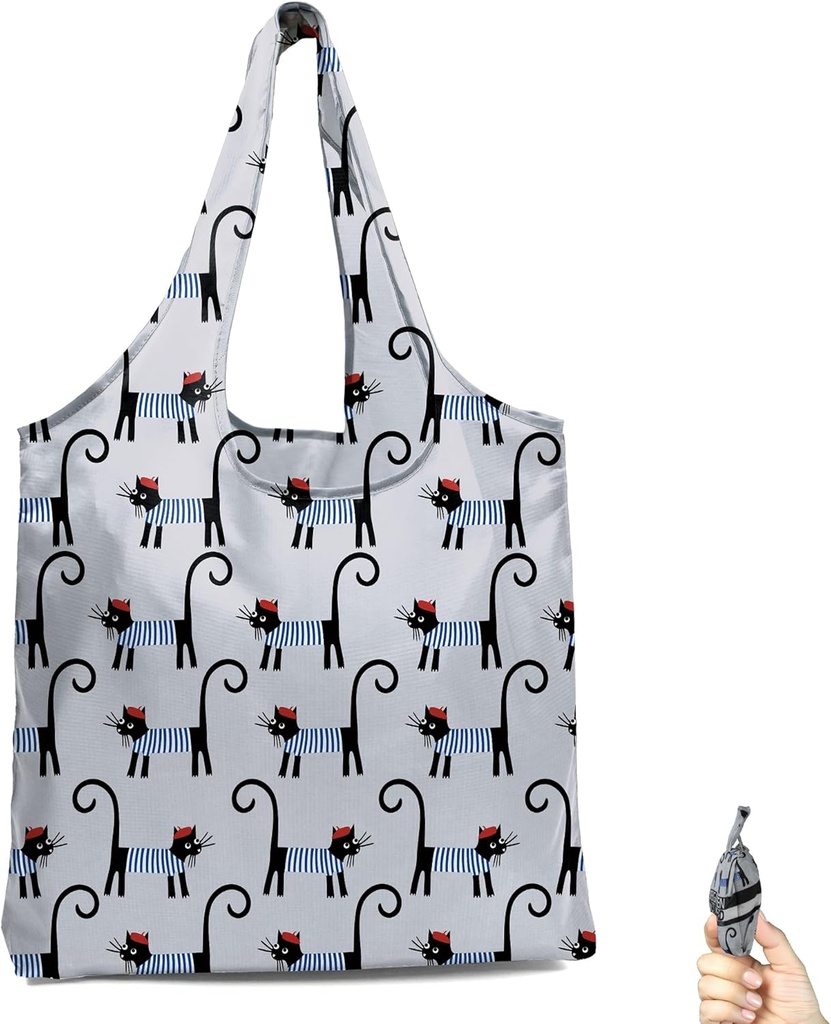 BeeGreen Black and Grey Cat Ultimate Travel Tote Bag - Reusable Grocery Shopping Bag - Foldable Compact Portable Sturdy Bags