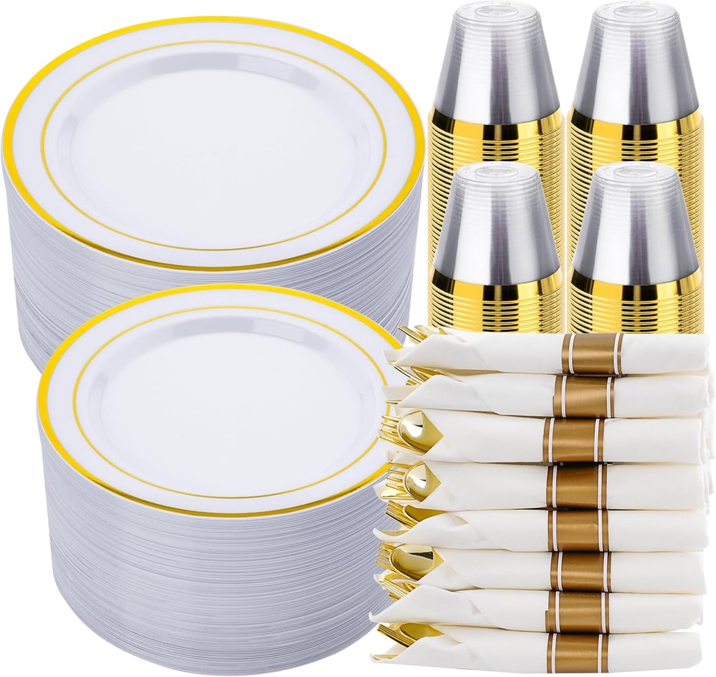 350 PCS White and Gold Plastic Dinnerware Set for 50 Guests, 100 Disposable Plates for Party, 50 Pre Rolled Napkins with Gold Silverware, 50 Cups