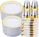 350 PCS White and Gold Plastic Dinnerware Set for 50 Guests, 100 Disposable Plates for Party, 50 Pre Rolled Napkins with Gold Silverware, 50 Cups