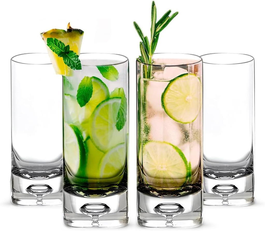 LEMONSODA Premium Crystal Bubble Base Highball Collins Glasses - Set of 4-12OZ - Fully Sealed Heavy Bottom Bubble Base - Great for Water, Juice, Beer, Cocktails, and More