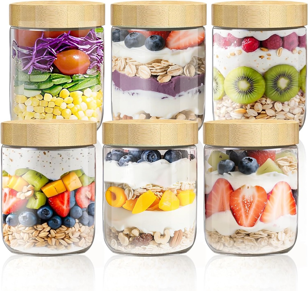 16oz Overnight Oats Containers with Bamboo Lids, Glass Jars with Airtight Lids, Wide Mouth Mason Meal Prep Jars, Food Storage Container for Yogurt Salad Chia Pudding Snacks Spice Sugar,6 Pack