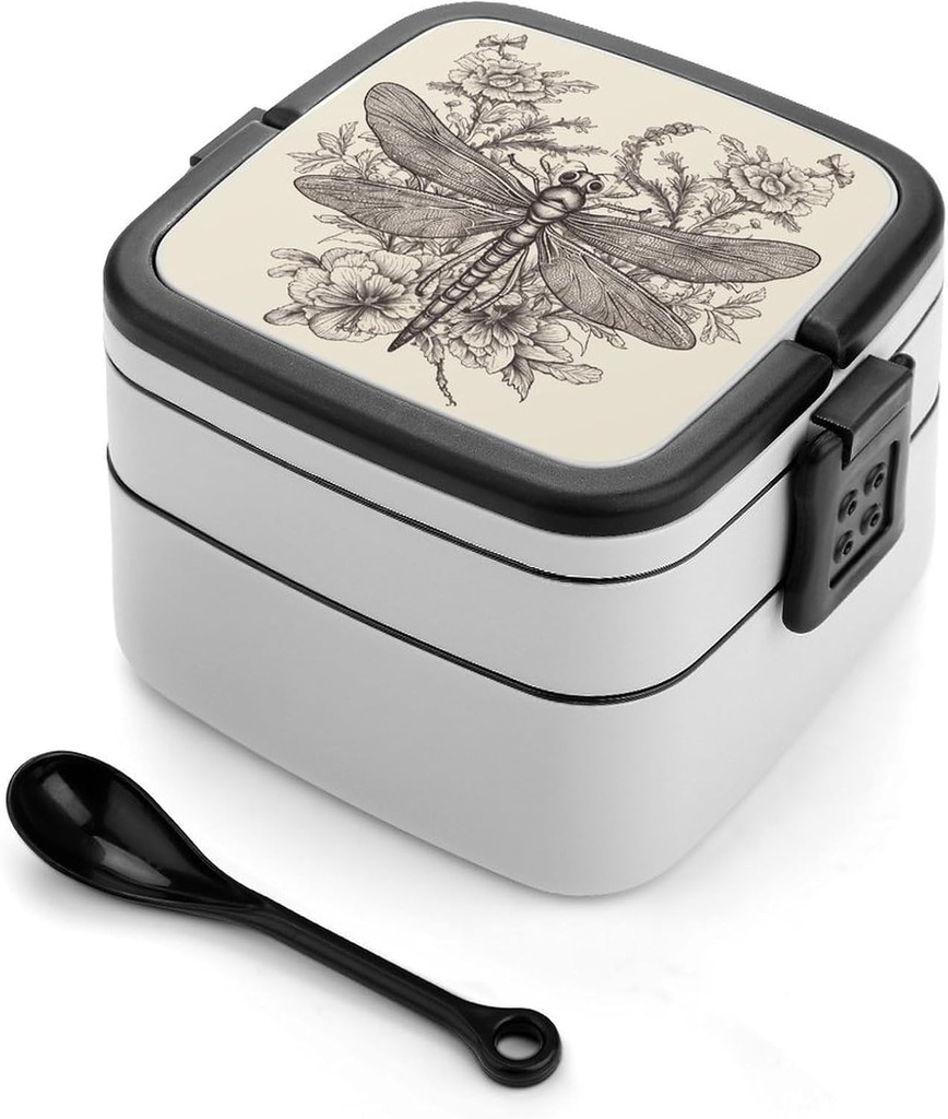Hand Drawn Floral Dragonfly Bento Box, Reusable Double Layer Lunch Box with Handle & Dividers, 1000ml Leakproof Lunch Container for Office, Picnic, Travel
