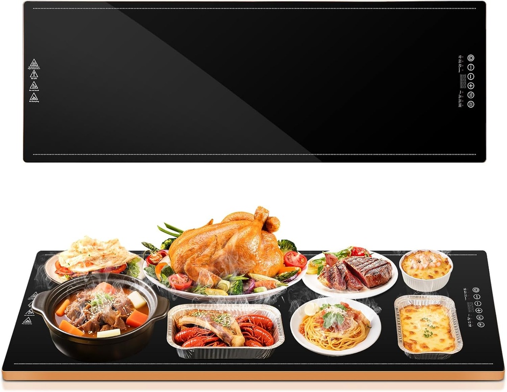 Electric Warming Trays for Buffets Party (XXL 39"x13"), Food Warmers for Parties Buffet with Thermostat & Full Surface Heating, Tempered Glass Warming Mat for Food, Temperature Adjustable Gold Handles