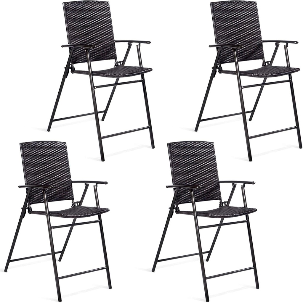 Folding Wicker Rattan Bar Chairs Set of 4, Tall Stool with Back, Steel Frame, Armrests and Footrest, Bar Stools Garden Patio Furniture Set