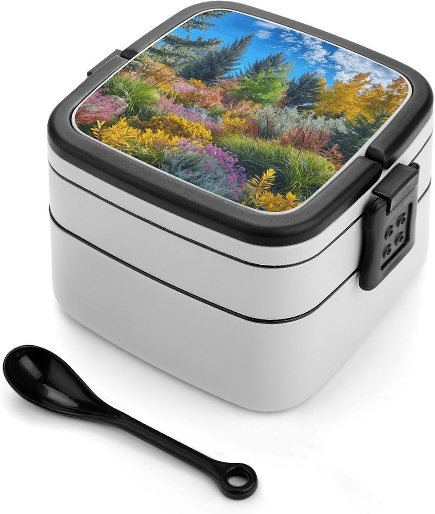 Conifer Style Photo Bento Box Adult Lunch Box All-in-One Lunch Containers with Removable Compartments Double Layer Bento Lunch Box with Spoon And Handle Stackable Lunchbox