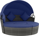 Outsunny 4 Piece Round Rattan Daybed, Convertible Patio Furniture Set, Adjustable Sun Canopy, Sectional Outdoor Sofa, 2 Chairs, Extending Tea Table Ottoman Chair, 3 Pillows, Dark Blue