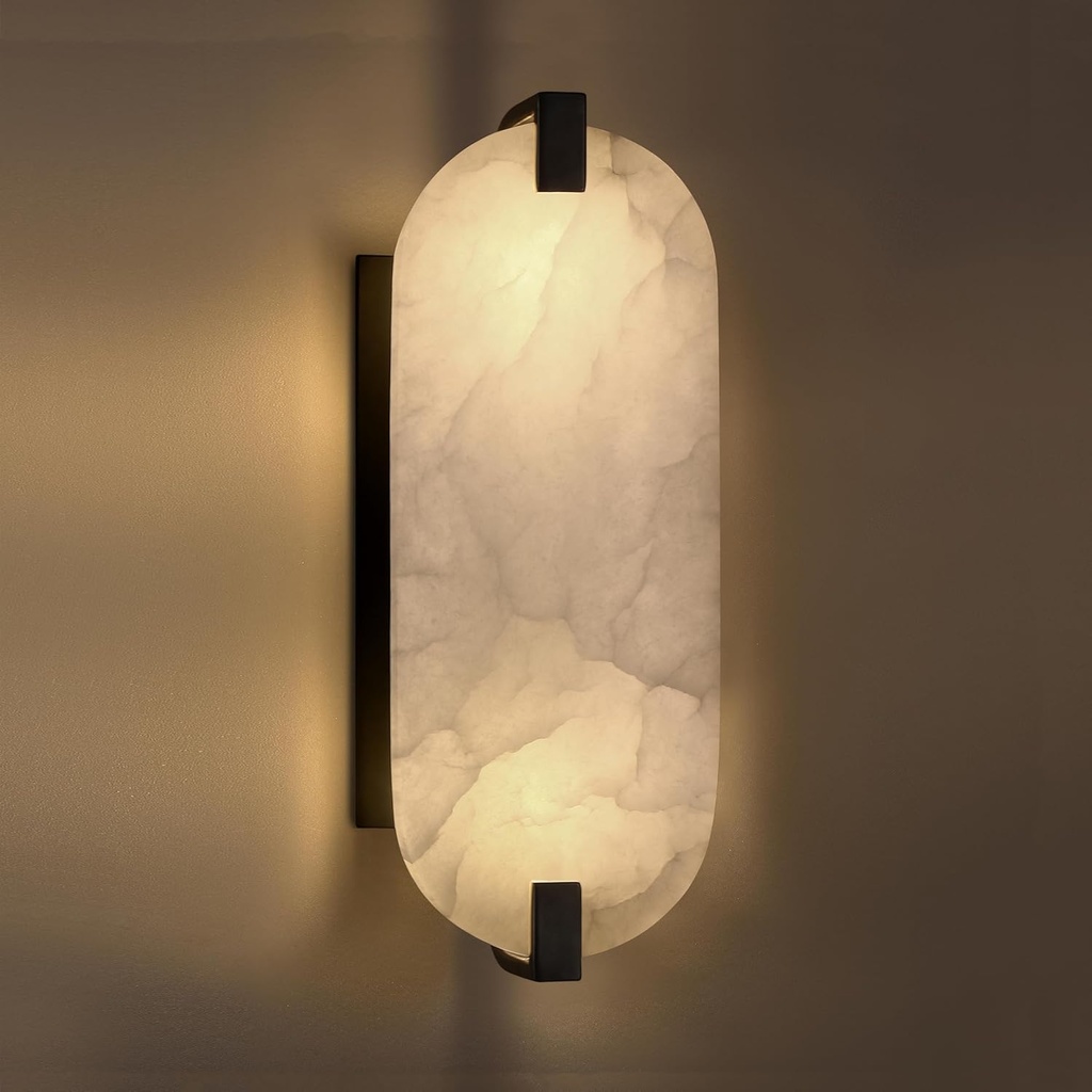 2 Light 12.7" Round Natural Oval Alabaster Bathroom Wall Sconce Modern Concise Style Wall Light Fixture,Black Finish for Bedroom Hallway Bedside Living Room