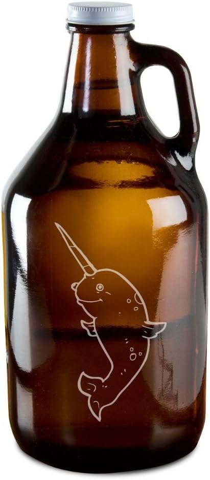 Happy Narwhal Hand-Made Etched Glass Beer Growler 64 oz