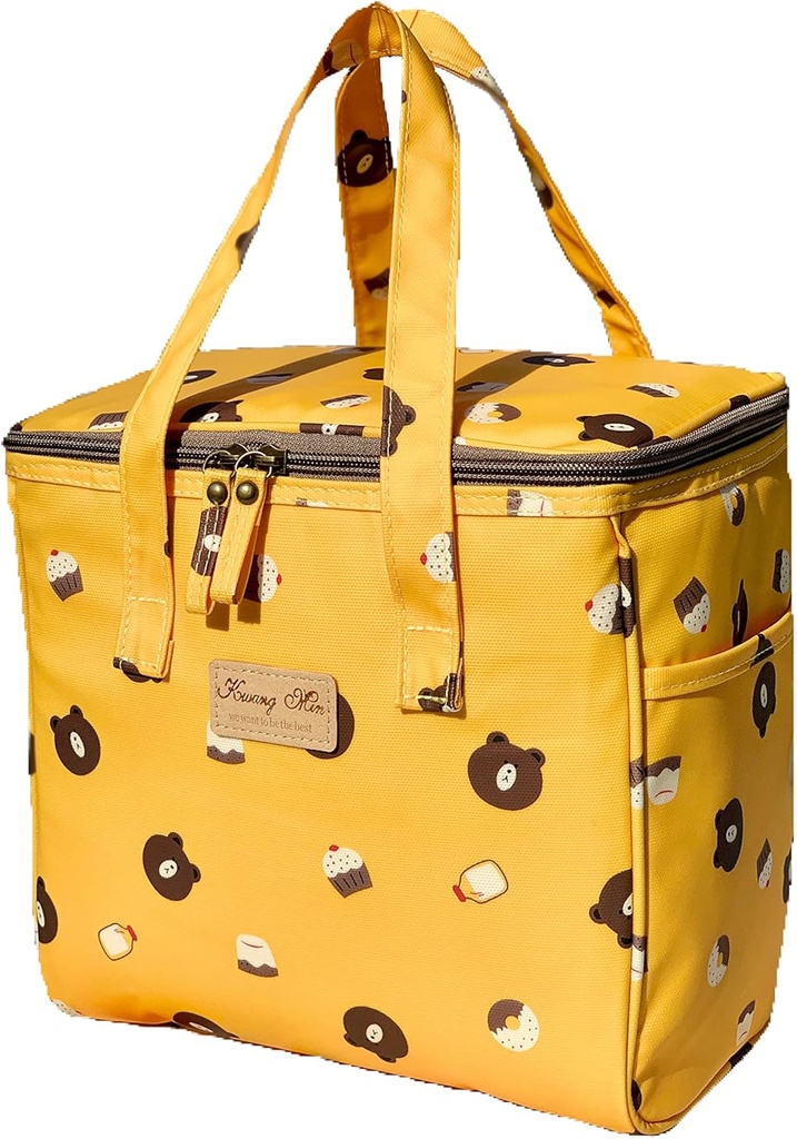 Kwang Min Insulated Lunch Bag for Women,Reusable Lunch Cooler Bento Box, Yellow Bear, Extra Large for Office Picnic Outdoors, Light,Waterproof Fabric