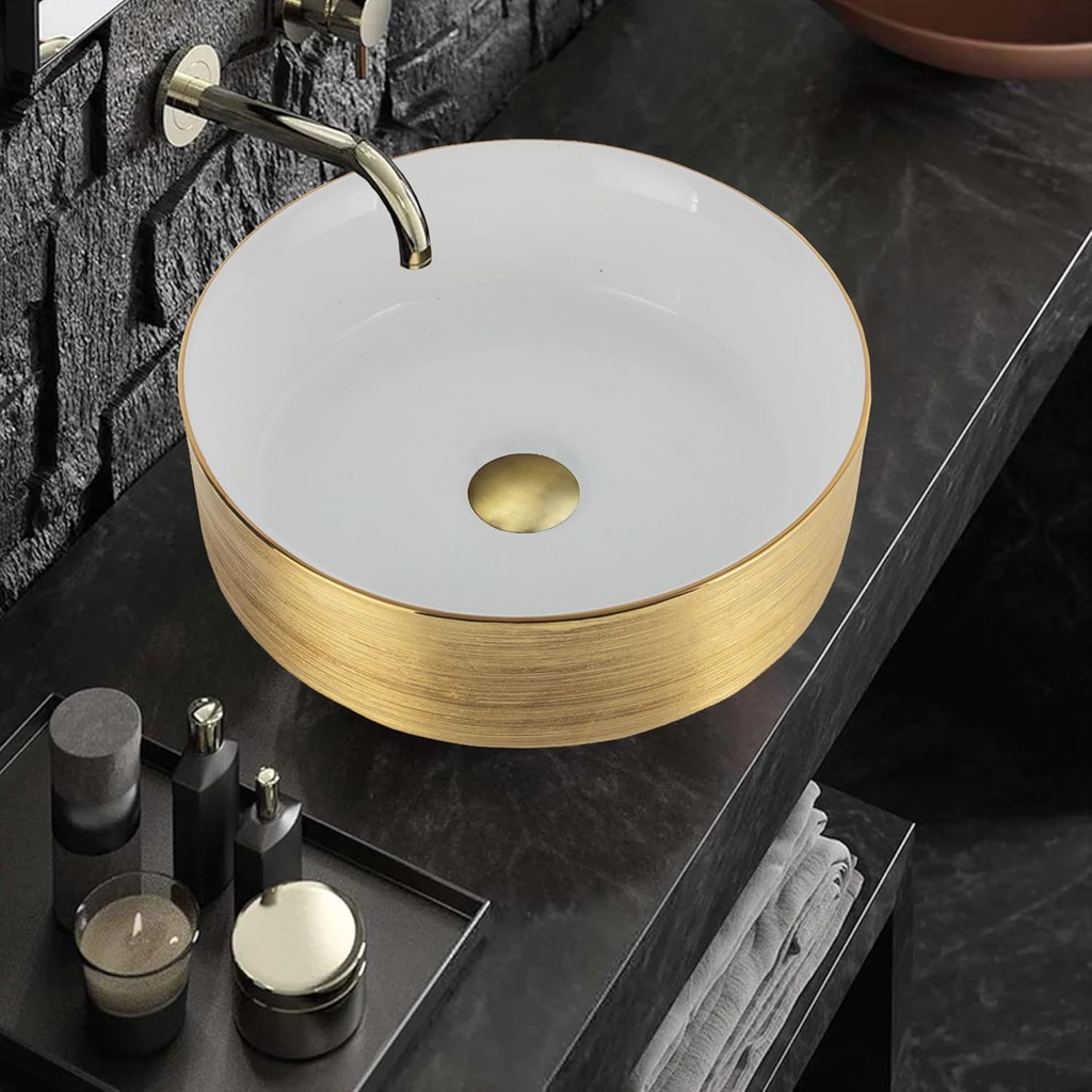 Strictly Sinks Round Gold Ceramic Luxury Vessel Sink - Modern Ceramic Countertop Bathroom Sink – Easy to Install Above Counter Luxurious Bathroom Vessel Sink