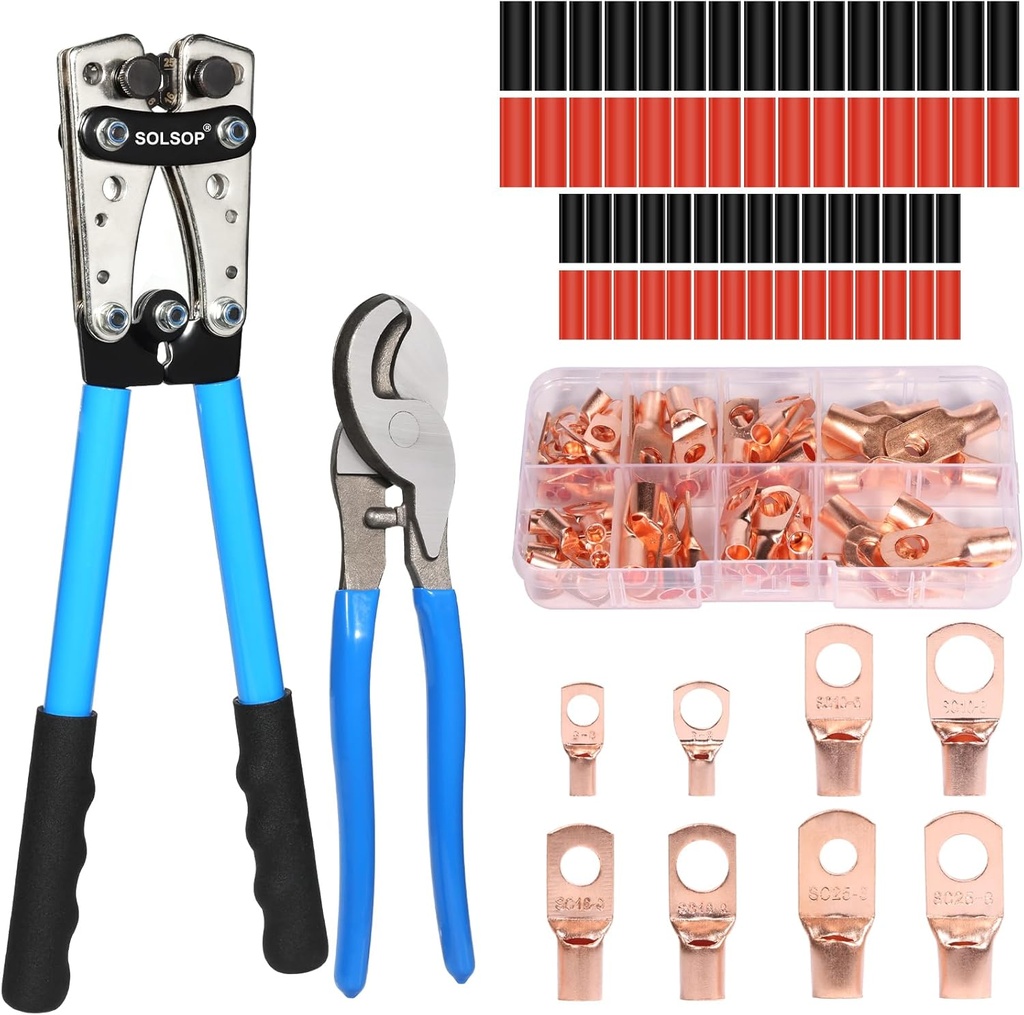 Solsop Battery Cable Crimper Tool for AWG 10, 8, 6, 4, 2, 1/0 Gauge Electrical Lug, Battery Lug Crimping Tool with 60PCS Copper Wire Lugs and Heat Shrink Tubing, Cable Cutter