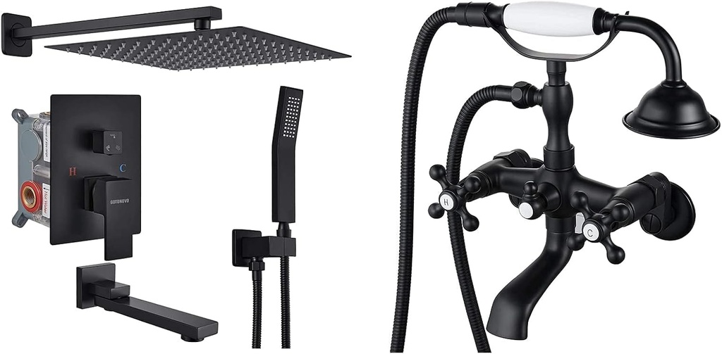 Matte Black Shower Faucet Wall Mount Triple Function with Tub Spout High Pressure Square 10" Rain Showerhead Clawfoot Bathtub Faucet Double Cross Handle with 3-3/8 Inch Center