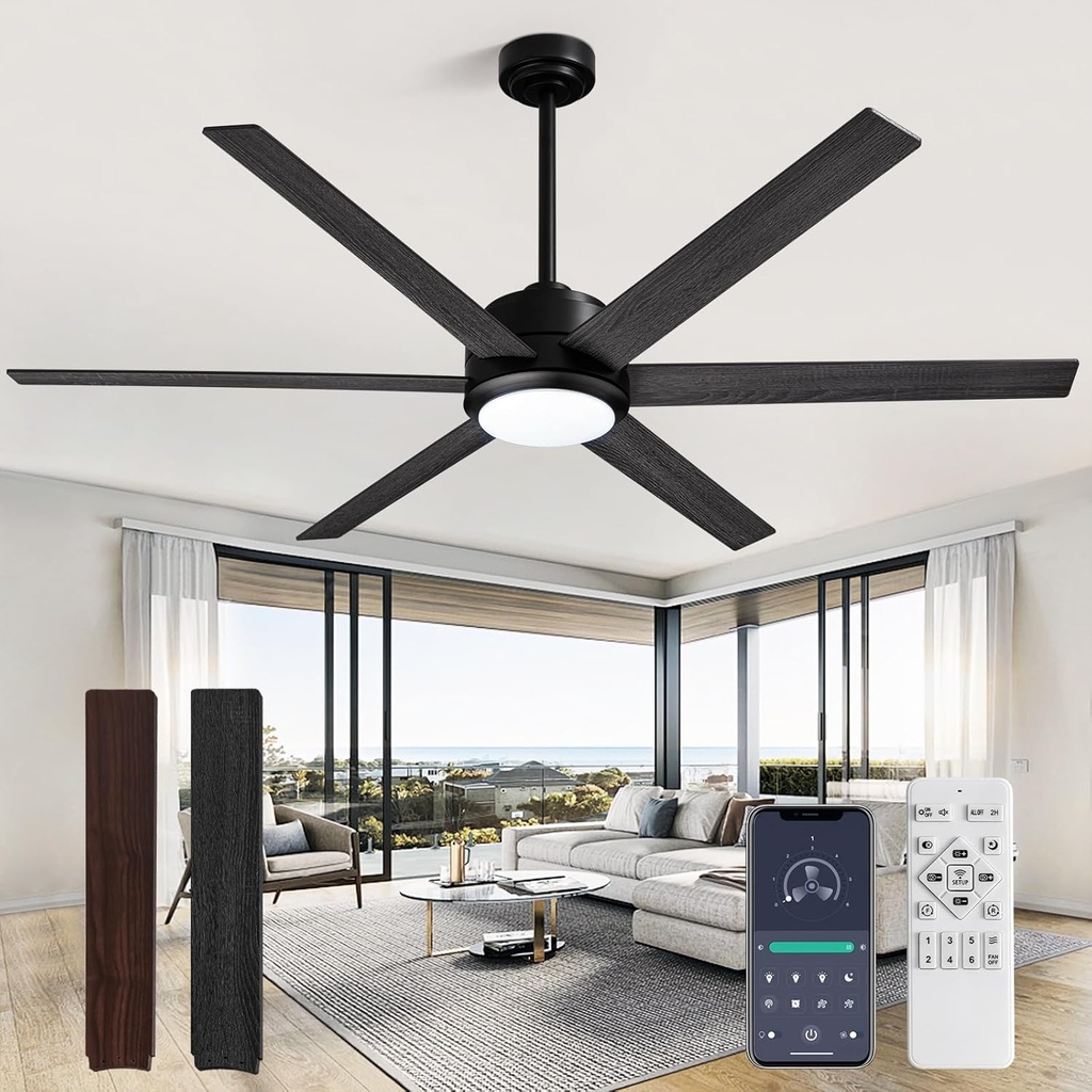 Moooni 60" Ceiling Fans with Lights and Remote & APP Control Black Industrial Fandelier Modern Dimmable Ceiling Fan Light for Farmhouse Dining Room Living Room Kitchen Patio