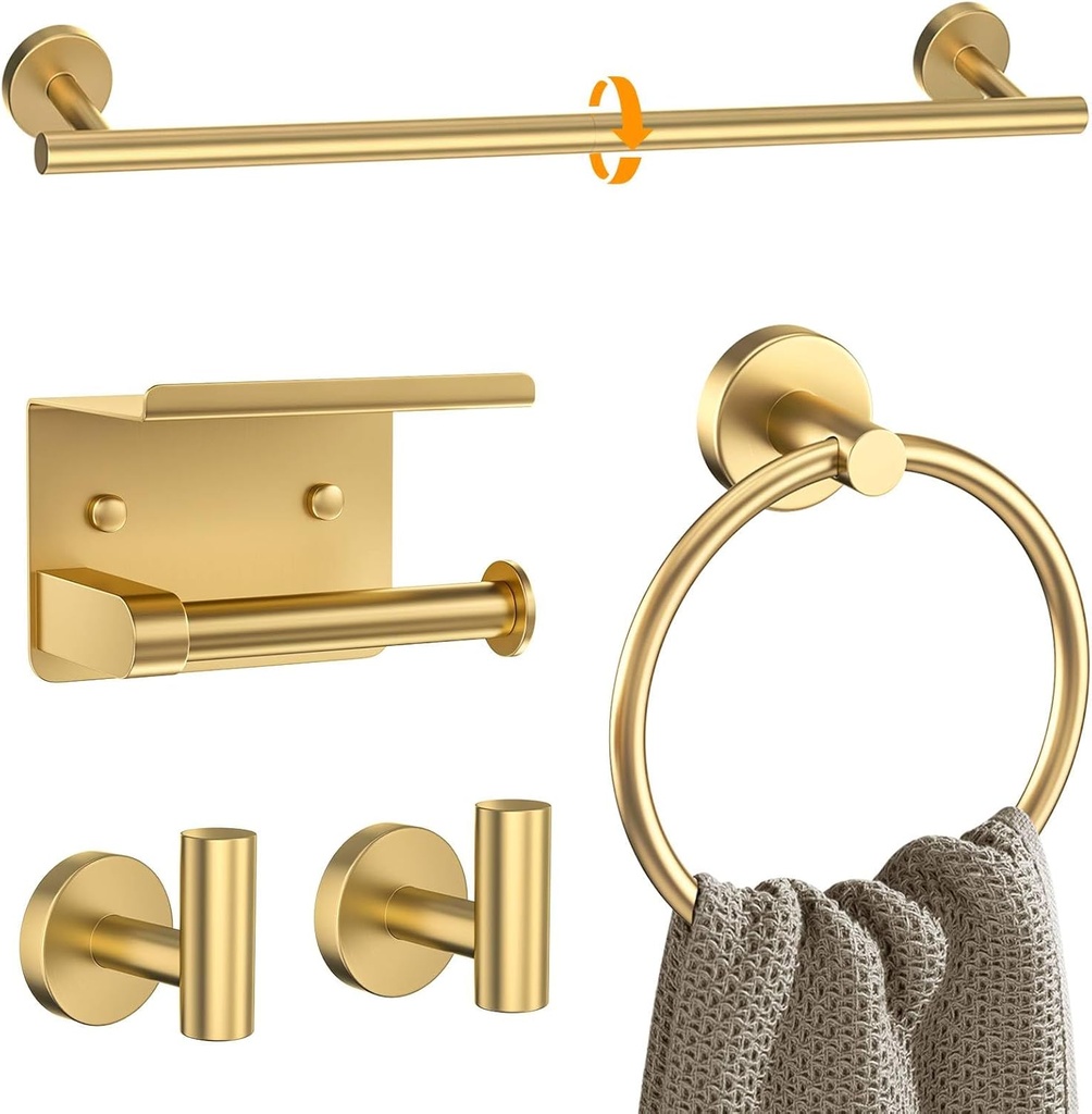 Brushed Gold Bathroom Hardware Set 5 Pieces Towel Bar Set Round Towel Holder Set for Bathroom,Upgraded Toilet Paper Holder with Shelf,Stainless Steel Wall Mounted 23.6 Inch