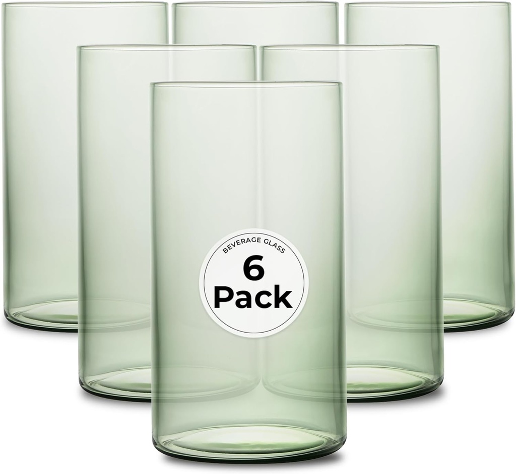 Restaurantware-Vetri 16 Ounce Tall Drinking Glasses, 6 Dishwashable Beverage Glasses - No-Lead, Elegant, Green Glass Tumblers, Ideal For Water, Juice Beer, Cocktails, Liquor, Iced Tea, And More