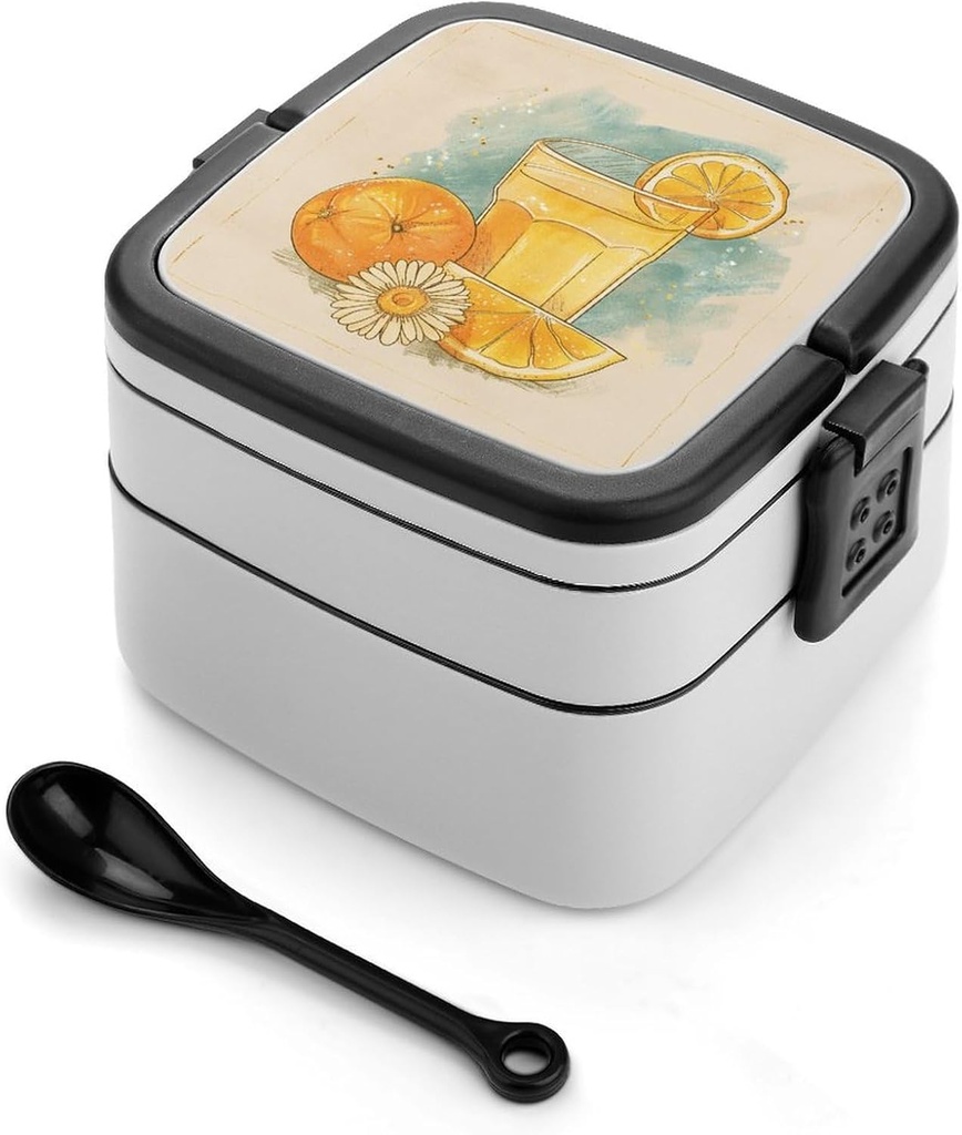 Orange Juice Hand Drawn Bento Box Adult Lunch Box All-in-One Lunch Containers with Removable Compartments Double Layer Bento Lunch Box with Spoon And Handle Stackable Lunchbox